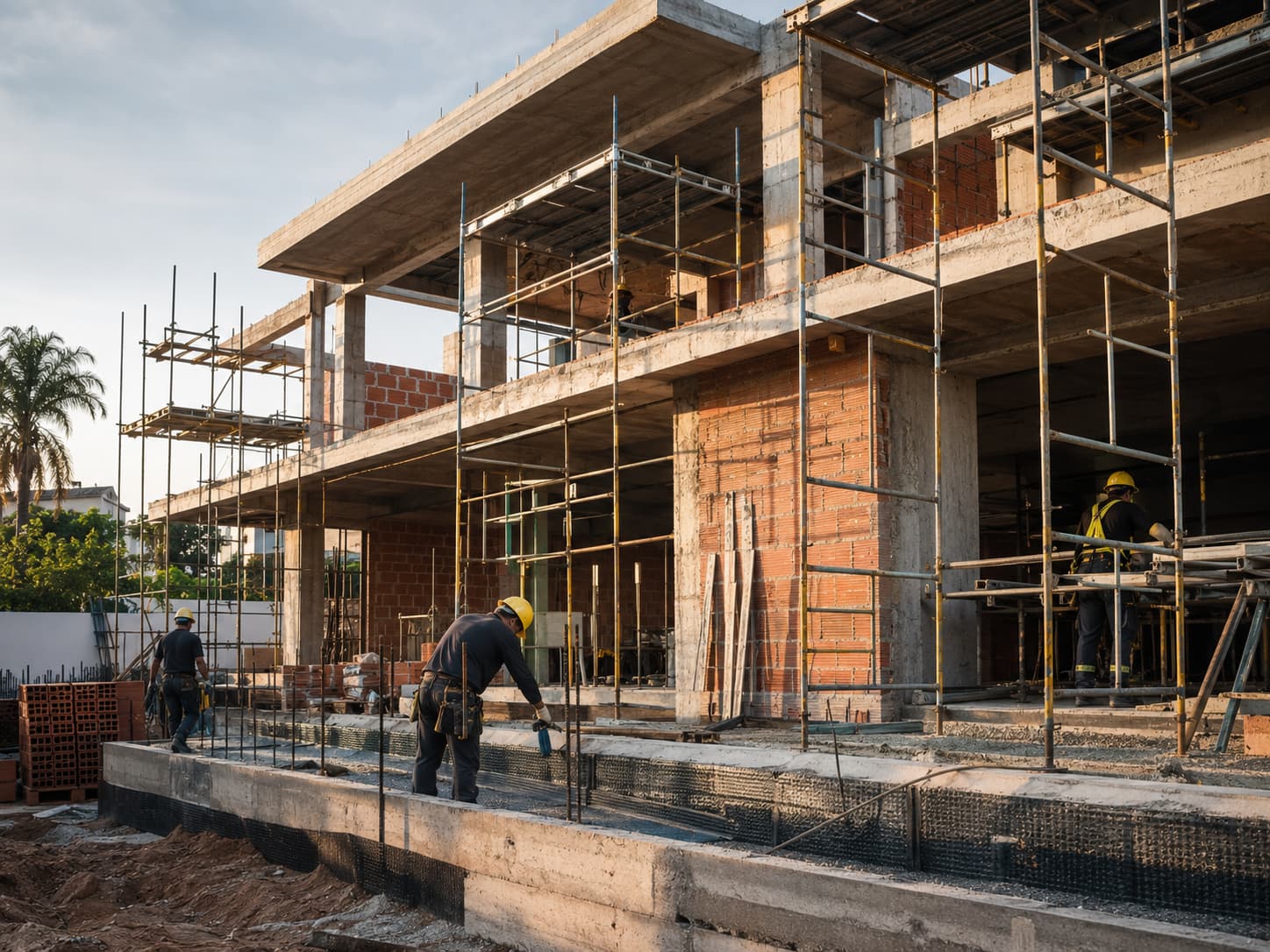 Obra residencial em andamento com estrutura e andaimes